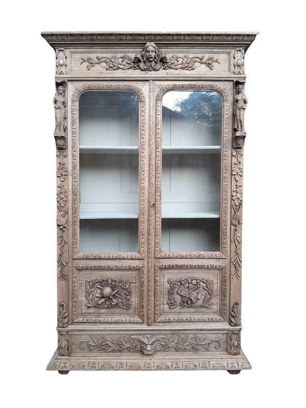 An Antique 19th Century Circa 1880 Large Renaissance-Revival European Oak Carved Bookcase / Cabin...