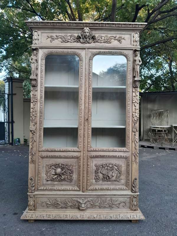 An Antique 19th Century Circa 1880 Large Renaissance-Revival European Oak Carved Bookcase / Cabin...
