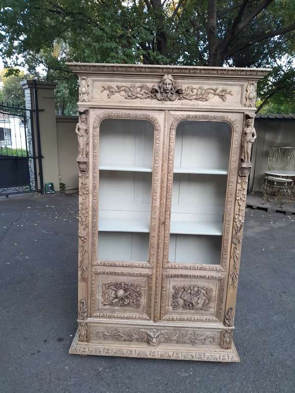 An Antique 19th Century Circa 1880 Large Renaissance-Revival European Oak Carved Bookcase / Cabin...