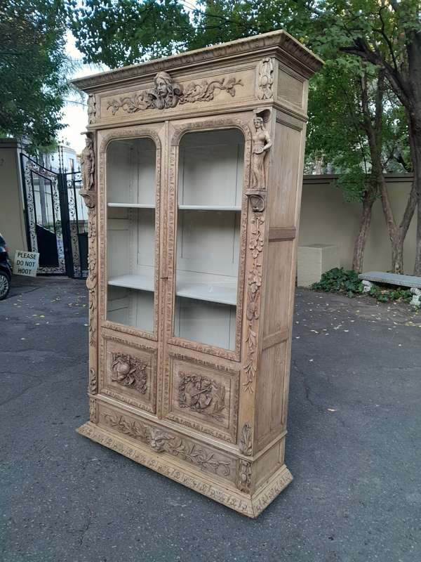 An Antique 19th Century Circa 1880 Large Renaissance-Revival European Oak Carved Bookcase / Cabin...
