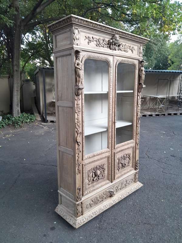 An Antique 19th Century Circa 1880 Large Renaissance-Revival European Oak Carved Bookcase / Cabin...