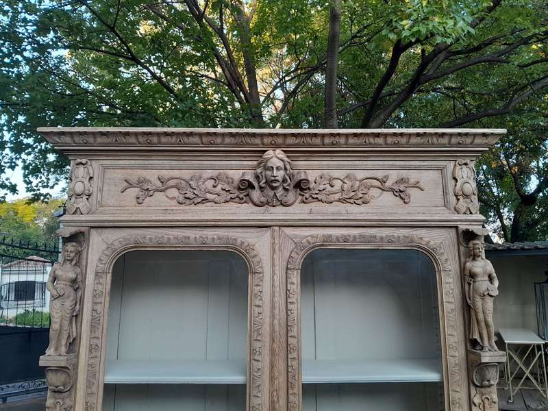 An Antique 19th Century Circa 1880 Large Renaissance-Revival European Oak Carved Bookcase / Cabin...