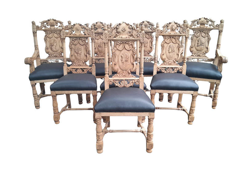 A 19th Century Circa 1880  Renaissance Revival Ornately Carved Oak Set of Dining Chairs Comprisi...