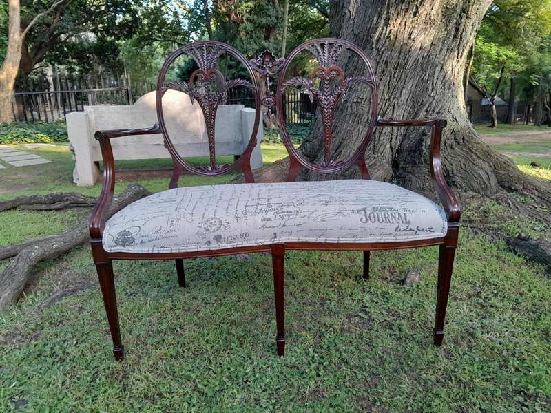 A Victorian Circa 1890 Carved Mahogany Settee Upholstered in a Custom Made Script Linen  for The...