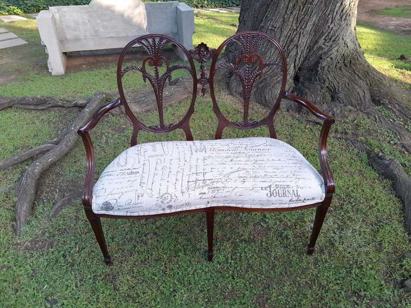 A Victorian Circa 1890 Carved Mahogany Settee Upholstered in a Custom Made Script Linen  for The...