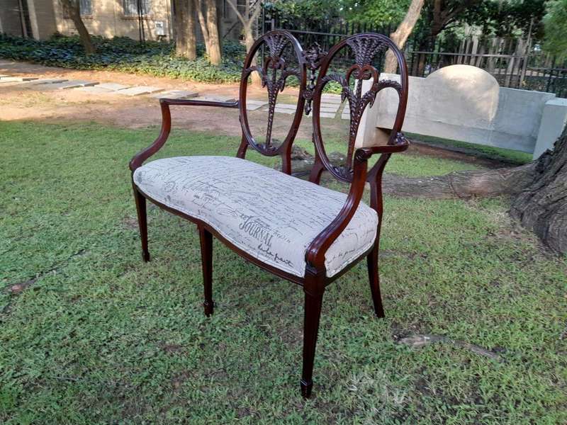 A Victorian Circa 1890 Carved Mahogany Settee Upholstered in a Custom Made Script Linen  for The...