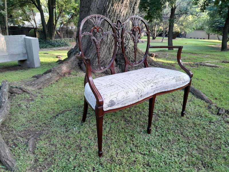 A Victorian Circa 1890 Carved Mahogany Settee Upholstered in a Custom Made Script Linen  for The...