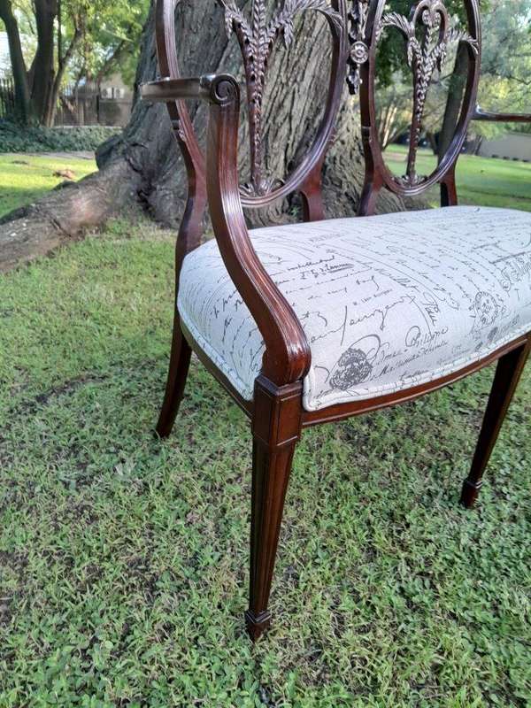 A Victorian Circa 1890 Carved Mahogany Settee Upholstered in a Custom Made Script Linen  for The...