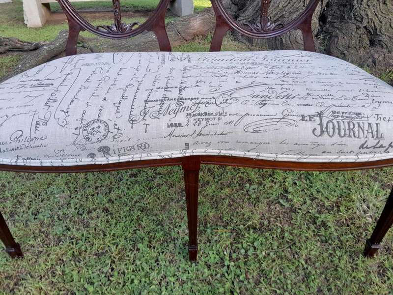 A Victorian Circa 1890 Carved Mahogany Settee Upholstered in a Custom Made Script Linen  for The...