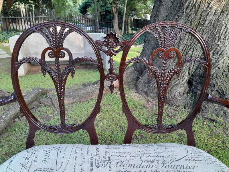 A Victorian Circa 1890 Carved Mahogany Settee Upholstered in a Custom Made Script Linen  for The...