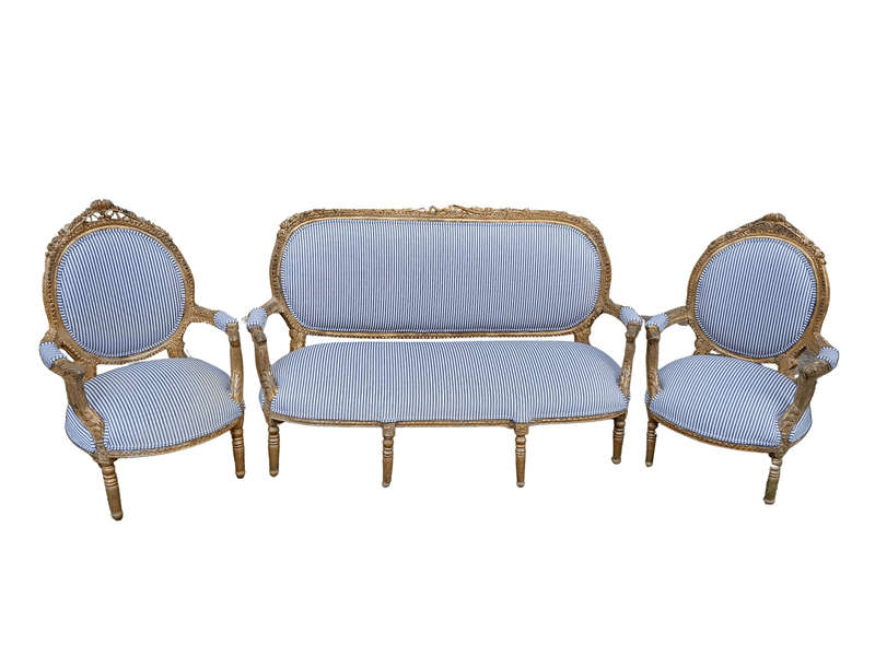 A 20th Century French Style Ornately Carved and Gilded Set Of Settee And a Pair Of Armchairs Upho...