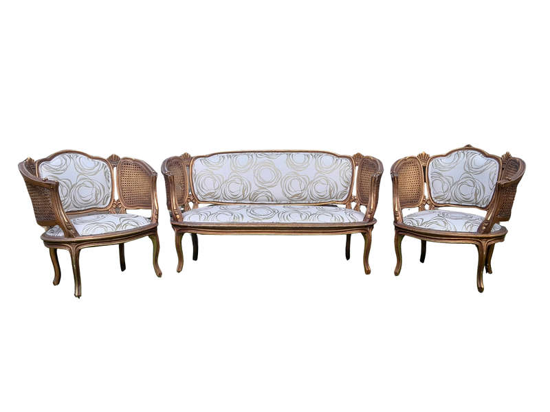 A Mid 20th Century Circa 1950 French Set Of Gilt Painted Wooden And Rattan Settee With A Pair Of ...