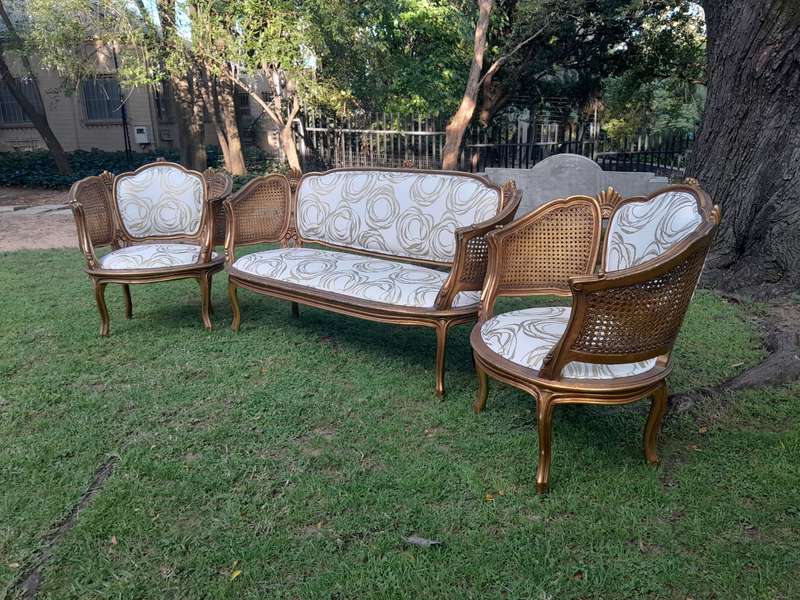 A Mid 20th Century Circa 1950 French Set Of Gilt Painted Wooden And Rattan Settee With A Pair Of ...