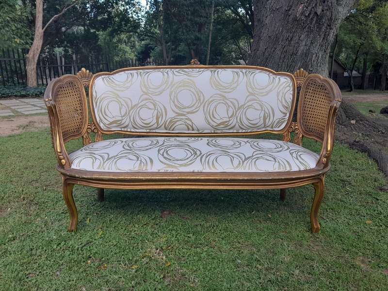 A Mid 20th Century Circa 1950 French Set Of Gilt Painted Wooden And Rattan Settee With A Pair Of ...
