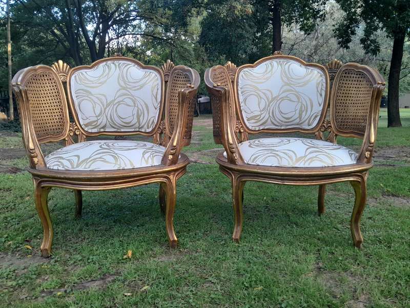 A Mid 20th Century Circa 1950 French Set Of Gilt Painted Wooden And Rattan Settee With A Pair Of ...