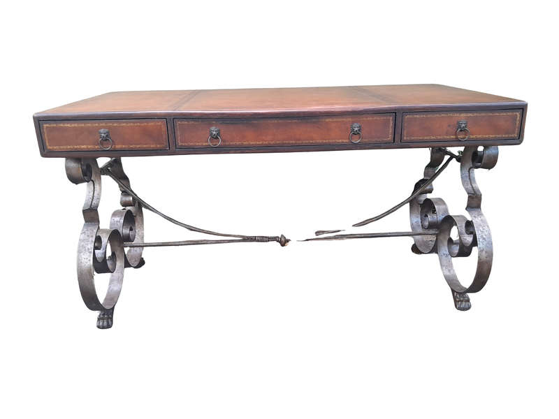 A 20TH Century American Maitland-Smith Victorian Style Leather Clad Wooden Table Desk On A Metal ...