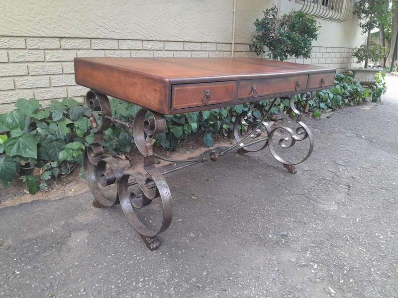 A 20TH Century American Maitland-Smith Victorian Style Leather Clad Wooden Table Desk On A Metal ...