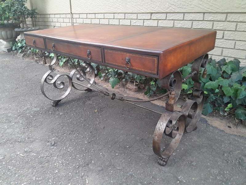 A 20TH Century American Maitland-Smith Victorian Style Leather Clad Wooden Table Desk On A Metal ...