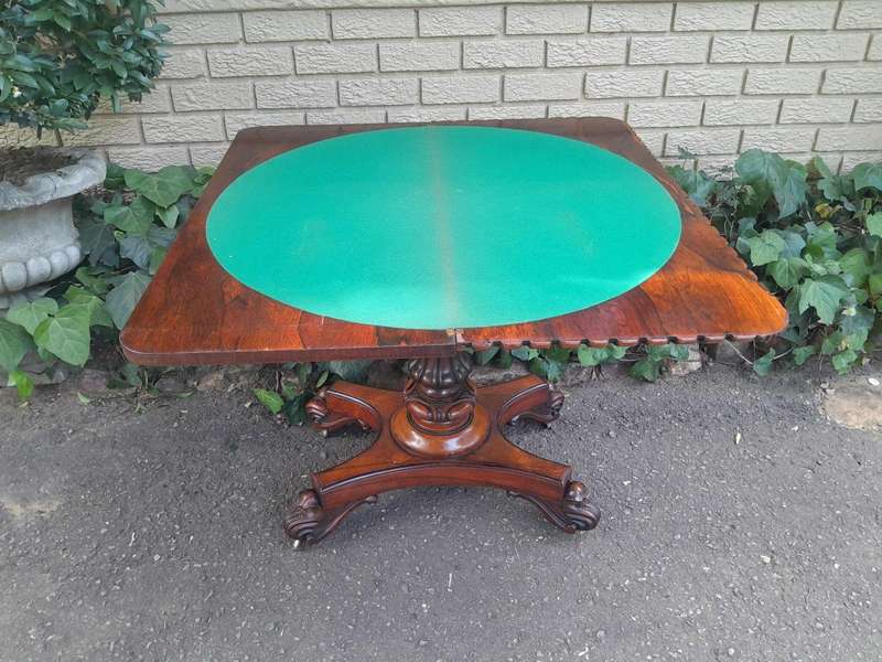 A 19th Century Circa 1820 William IV Rosewood Carved Card Table With Black Baize Playing Surface