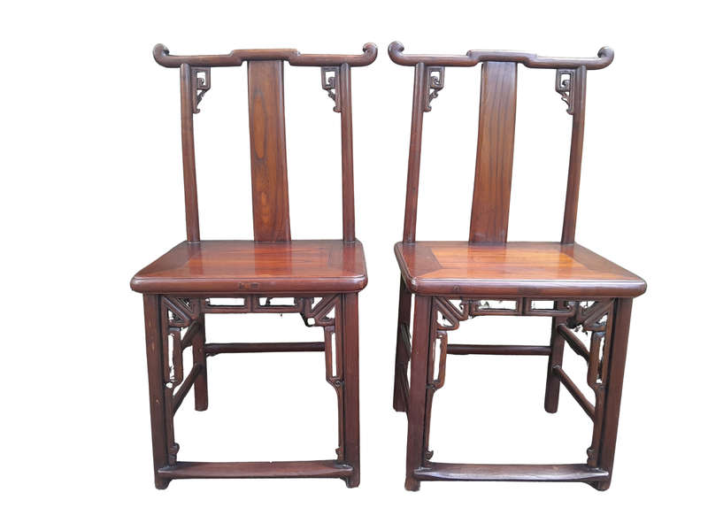 A 20th Century Pair Of Chinese Elm Yoke Back Wooden Chairs With Excellent Patina
