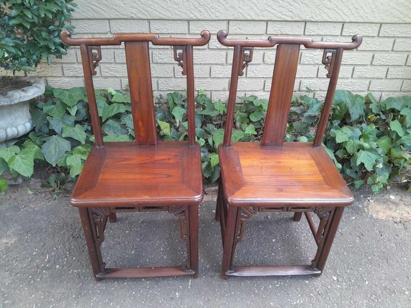 A 20th Century Pair Of Chinese Elm Yoke Back Wooden Chairs With Excellent Patina