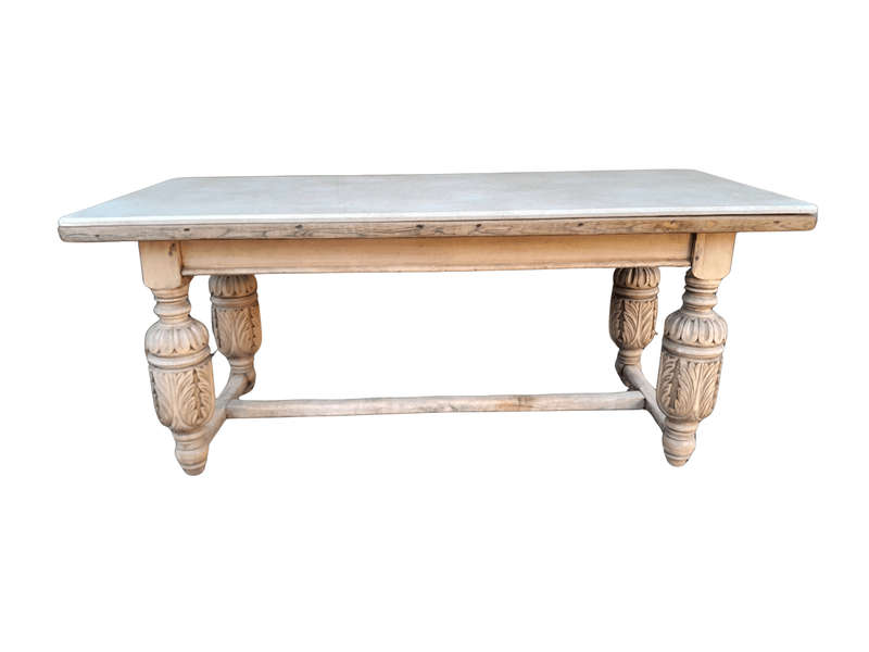 An Antique 19th Century French Carved Oak Dining Table in a Contemporary Bleached Finish
