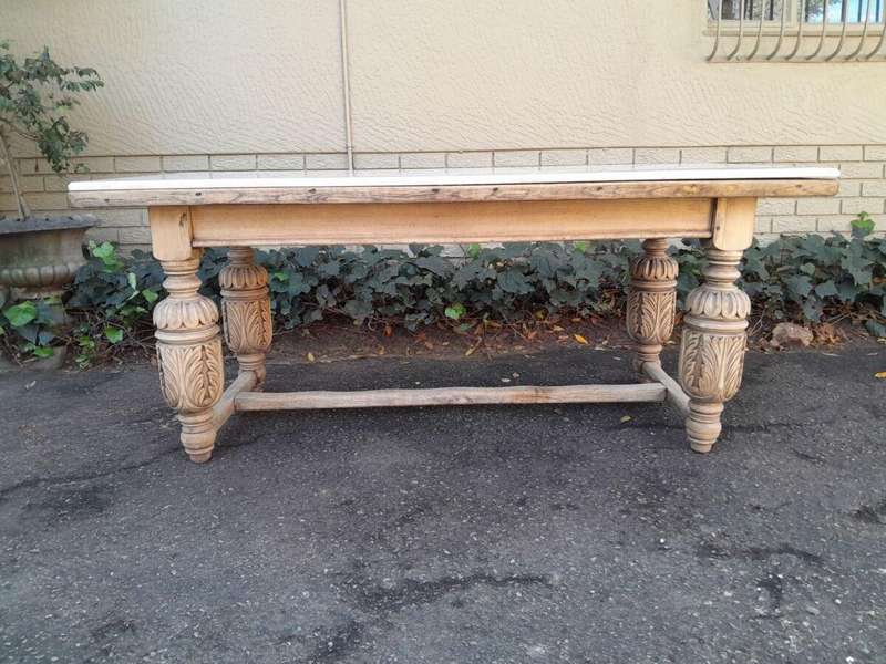 An Antique 19th Century French Carved Oak Dining Table in a Contemporary Bleached Finish