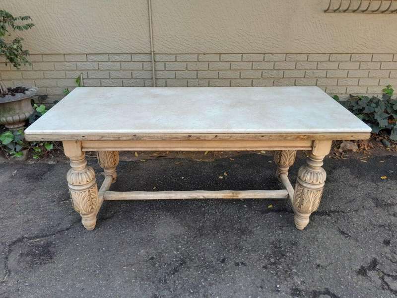 An Antique 19th Century French Carved Oak Dining Table in a Contemporary Bleached Finish