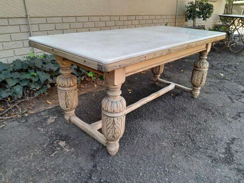 An Antique 19th Century French Carved Oak Dining Table in a Contemporary Bleached Finish