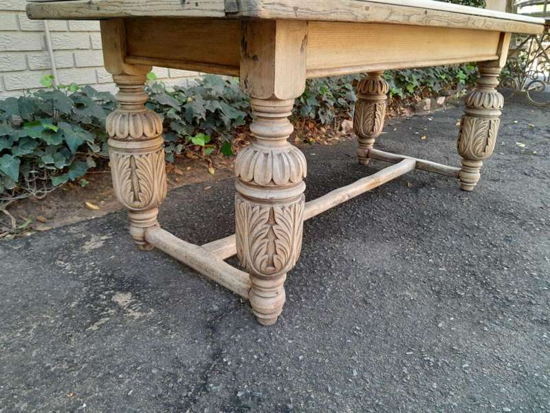 An Antique 19th Century French Carved Oak Dining Table in a Contemporary Bleached Finish