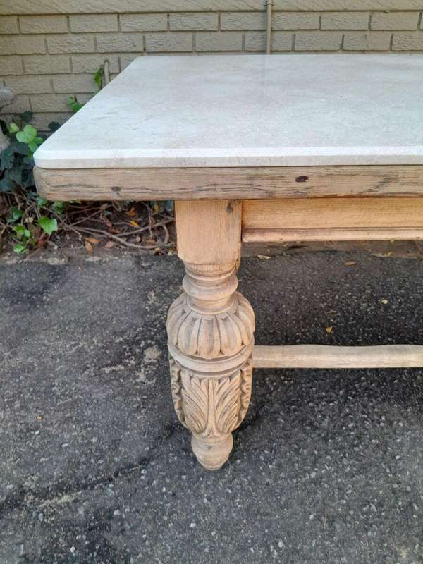 An Antique 19th Century French Carved Oak Dining Table in a Contemporary Bleached Finish