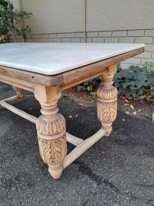 An Antique 19th Century French Carved Oak Dining Table in a Contemporary Bleached Finish