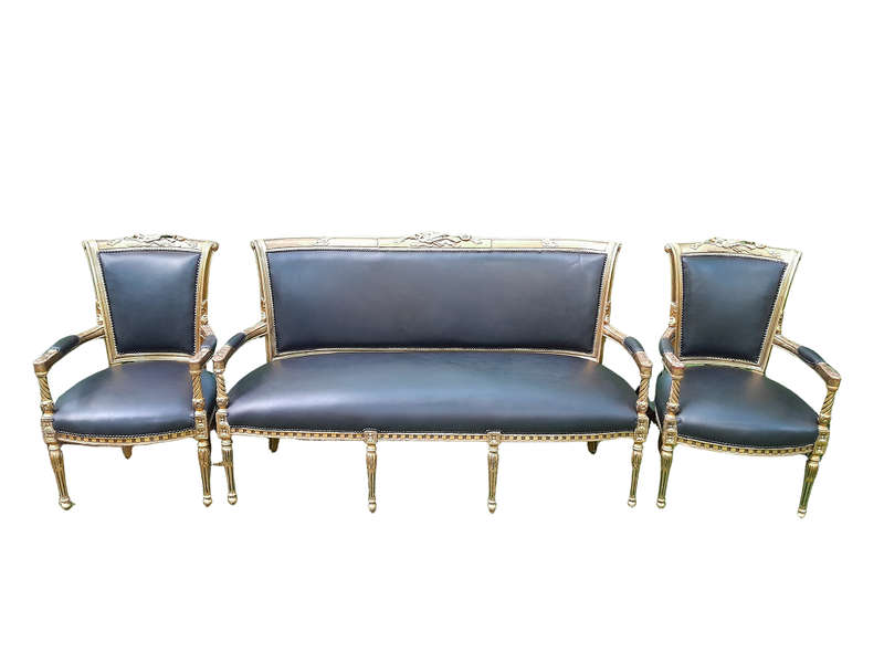 A 20th Century Set Of French Style Carved And Gilded Settee And Pair Of Armchairs Upholstered In ...