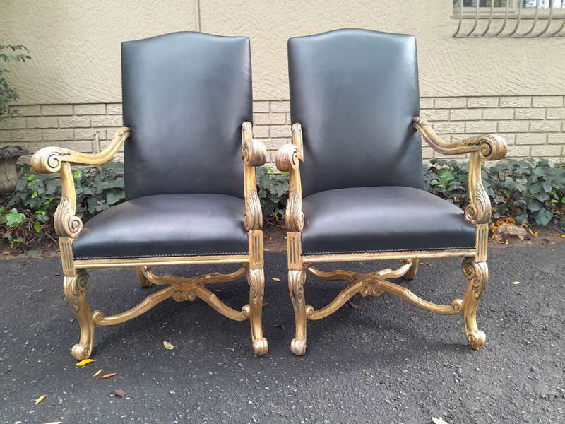 A 20TH Century French Louis XIV Style Carved And Hand Gilded in Gold Leaf Armchairs Upholstered I...