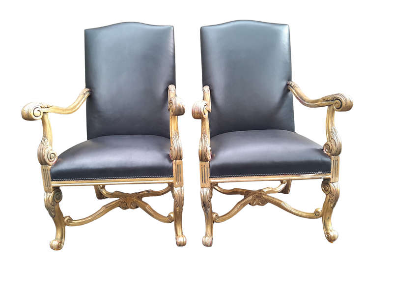 A 20TH Century French Louis XIV Style Carved And Hand Gilded in Gold Leaf Armchairs Upholstered I...