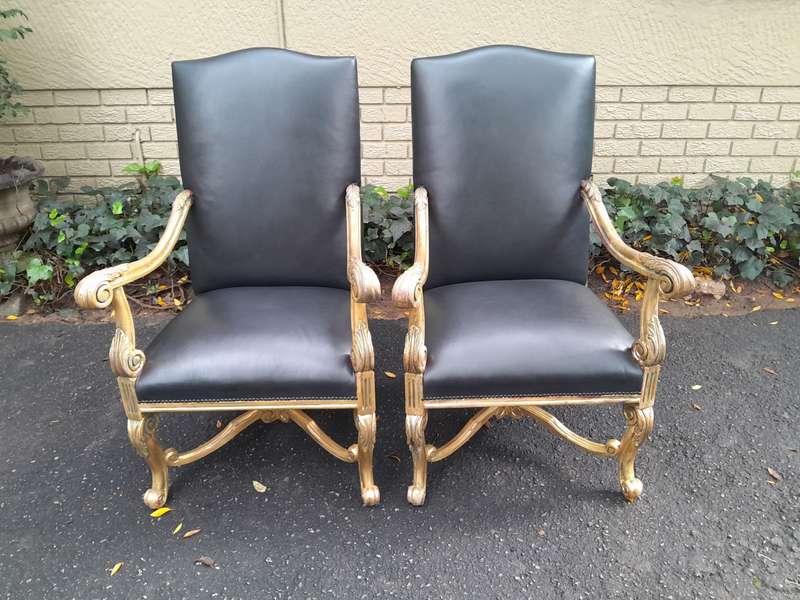 A 20TH Century French Louis XIV Style Carved And Hand Gilded in Gold Leaf Armchairs Upholstered I...