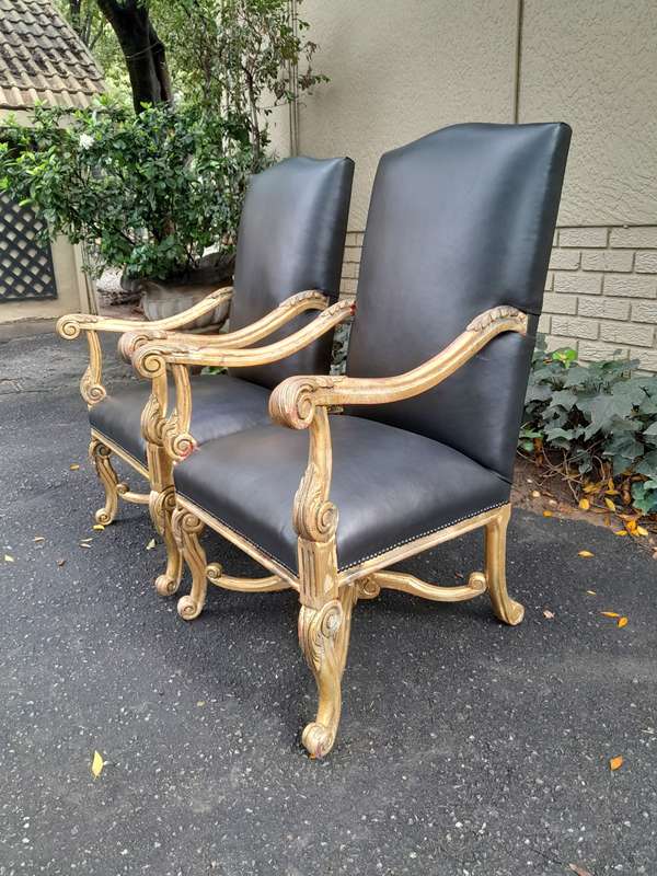 A 20TH Century French Louis XIV Style Carved And Hand Gilded in Gold Leaf Armchairs Upholstered I...