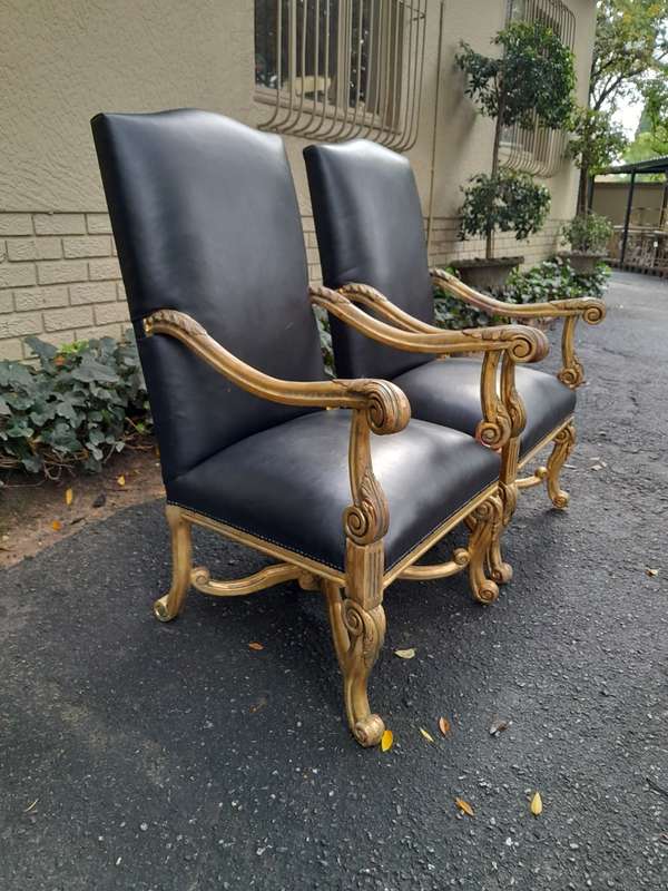 A 20TH Century French Louis XIV Style Carved And Hand Gilded in Gold Leaf Armchairs Upholstered I...