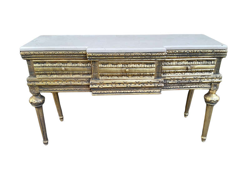 A French Style Carved And Hand Gilded Desk / Console Table / Entrance / Drinks Table With Marble Top
