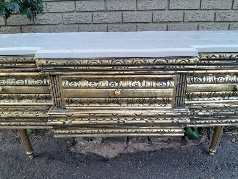 A French Style Carved And Hand Gilded Desk / Console Table / Entrance / Drinks Table With Marble Top