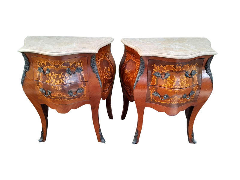 A 20th Century Pair of French Style Inlaid Mahogany Pedestals with Drawers and Marble Tops