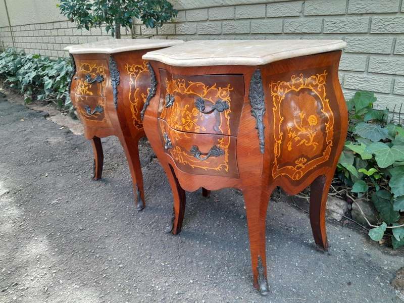 A 20th Century Pair of French Style Inlaid Mahogany Pedestals with Drawers and Marble Tops
