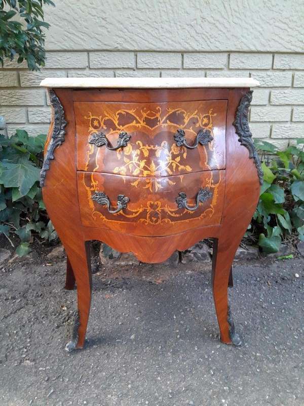 A 20th Century Pair of French Style Inlaid Mahogany Pedestals with Drawers and Marble Tops