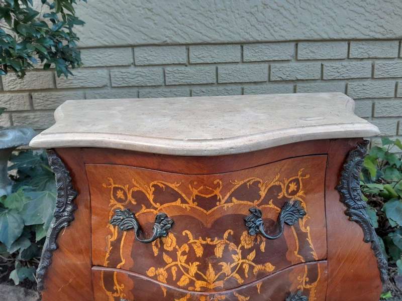 A 20th Century Pair of French Style Inlaid Mahogany Pedestals with Drawers and Marble Tops