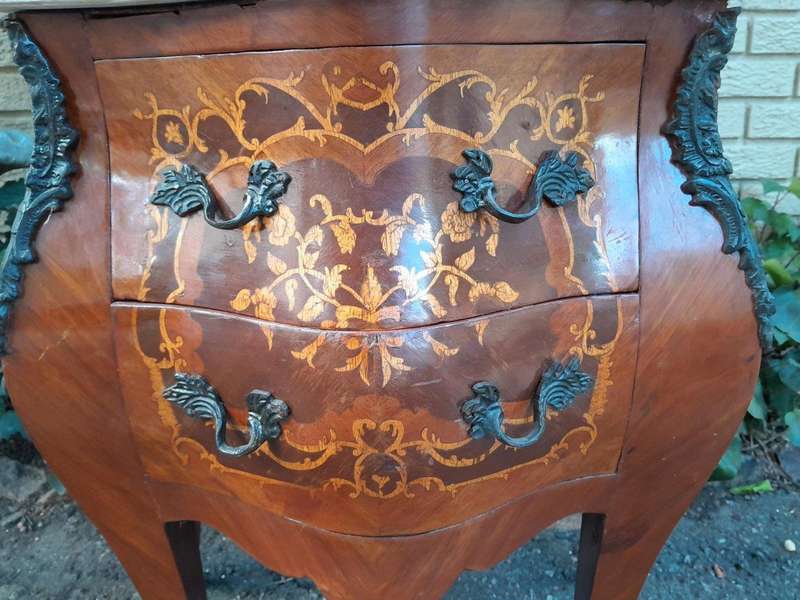 A 20th Century Pair of French Style Inlaid Mahogany Pedestals with Drawers and Marble Tops