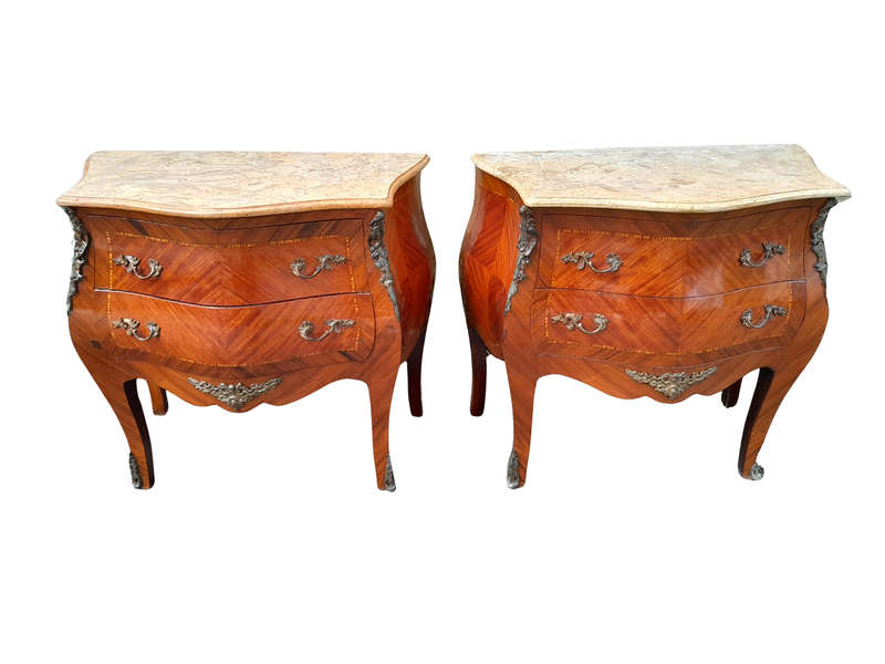A 20th Century Pair of French Style Mahogany Bombe Pedestals with Marble Tops & Ormolu Mounts