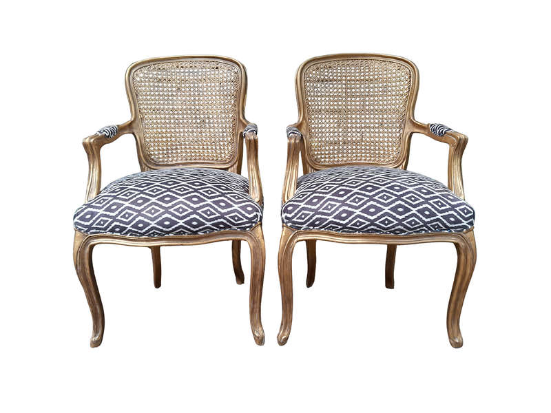 A Pair Of French Style Rattan And Carved Wooden Gilded Armchairs