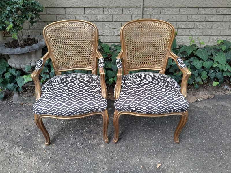 A Pair Of French Style Rattan And Carved Wooden Gilded Armchairs
