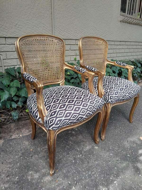 A Pair Of French Style Rattan And Carved Wooden Gilded Armchairs