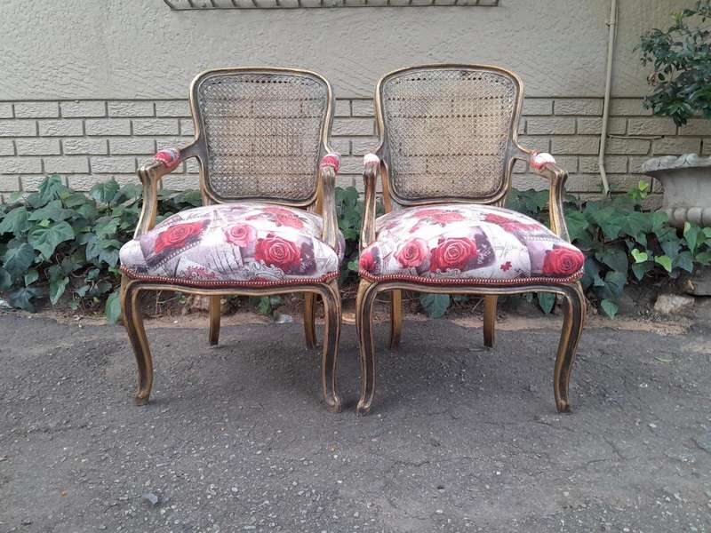 A Pair Of French Style Rattan And Carved Wooden Gilded Armchairs